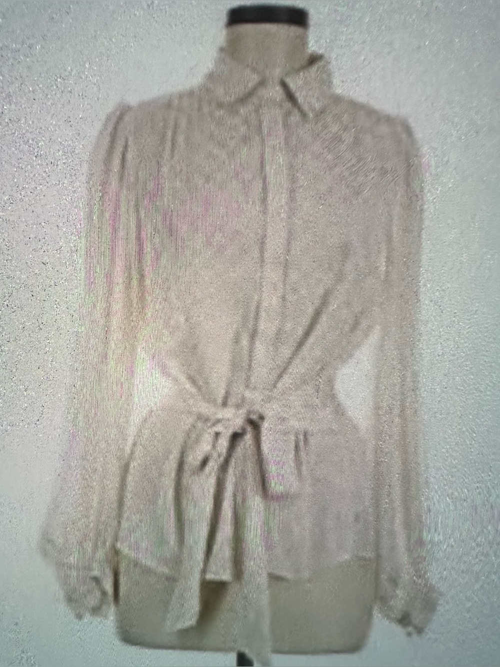 Max Studio Light Beige Sheer Dot Tie-Waist Blouse Large
